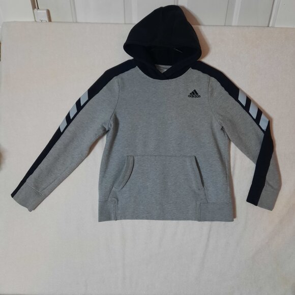Adidas Youth Warm Pullover Hoodie Small Logo, Gray Black Stripes Size 14-16 EUC - Picture 3 of 10